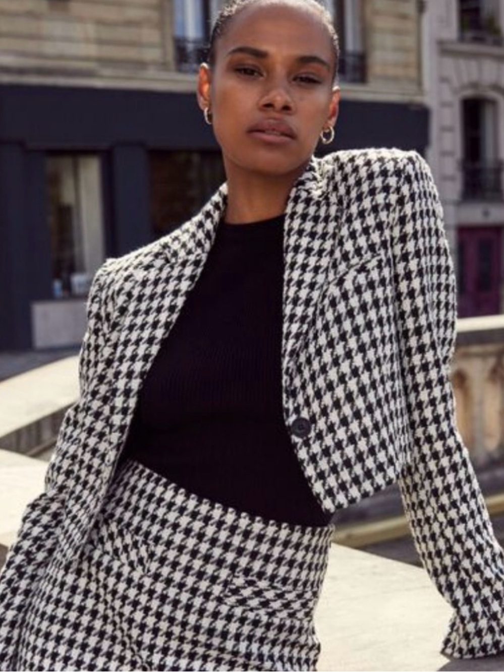 Dynamite Cropped Houndstooth Blazer Jacket and skirt set - Black & White